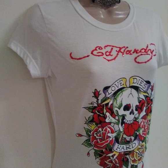 Ed Hardy White Short Sleeve with Rhinestones "Love Dies Hard" T-shirt - Picture 6 of 13